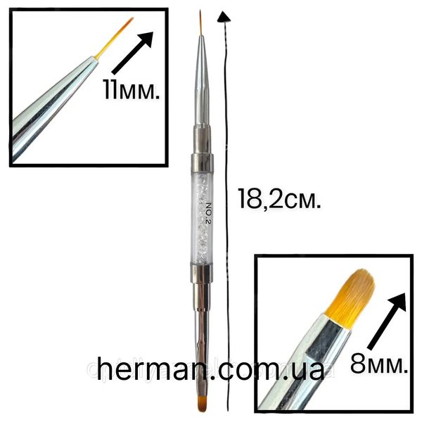 Двосторонній пензлик-лайнер для гелю і дизайну нігтів №2 2in1penzel2 фото